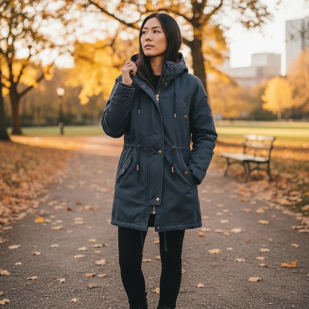 Hollister Navy Blue Utility Parka Jacket Hooded Plaid Lined Womens Small